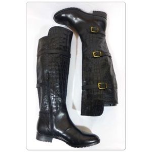 Black Gabrielle Croc Print Leather Riding Boots